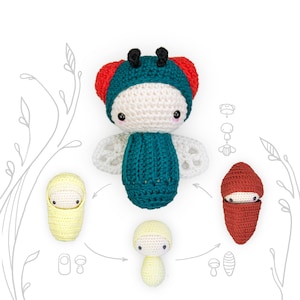 May include: A crocheted toy set depicting the life cycle of a butterfly. The set includes a green and red butterfly, a yellow cocoon, and a red cocoon.