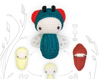 Crochet Pattern lalylala GREEN BOTTLE FLY amigurumi diy • life cycle: larva, wings, egg, cocoon, eduational toy, nature, biology, download