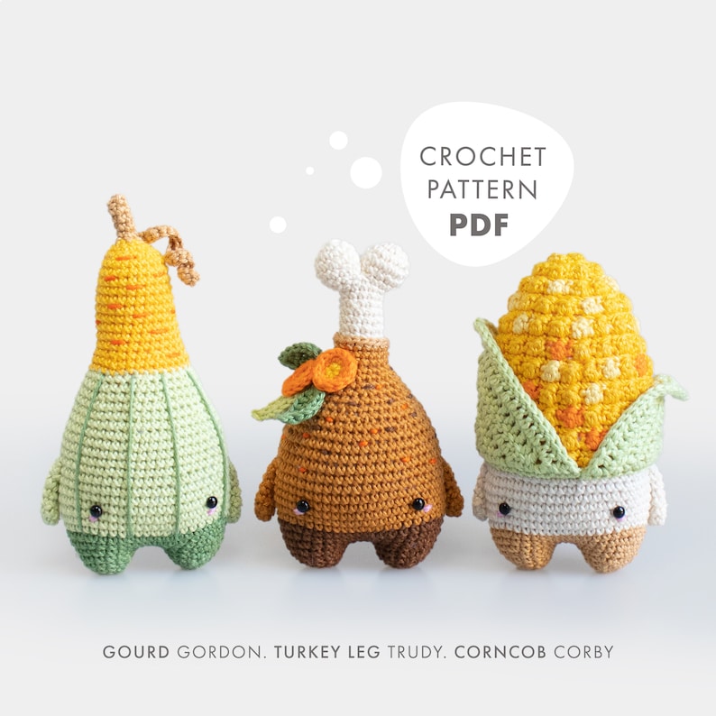 Häkelanleitung lalylala Jahreszeiten THANKSGIVING Amigurumi DIY • Kürbis, Keule, Maiskolben, Erntedank, Herbst Deko, digitales Häkelmuster