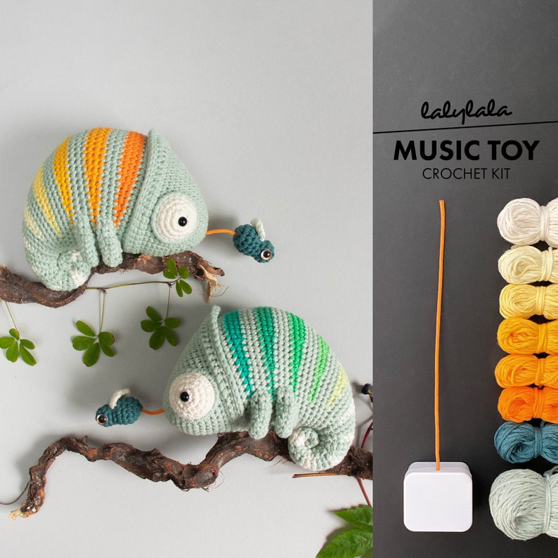 crochet kit lalylala CHAMELEON Conrad amigurumi diy • music box tune 'The Lion Sleeps Tonight', baby shower present, stuffed animal, toy 