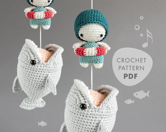 Crochet Pattern lalylala BIG FISH amigurumi diy • shark with jaws, musical pull toy, ocean, sea creature, maritime, digital, download