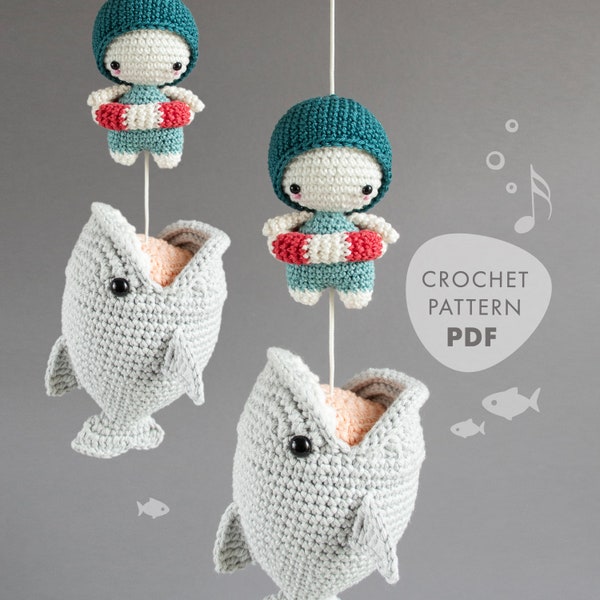 Crochet Pattern lalylala BIG FISH amigurumi diy • shark with jaws, musical pull toy, ocean, sea creature, maritime, digital, download