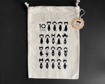 Stoffbeutel lalylala 10 JAHRE Jubiläum Baumwolle •  Beutel groß Zugbänder und Aufdruck, Tiere, Illustration, Geschenkverpackung nachhaltig