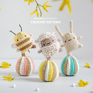 Haakpatroon paaseieren paashaas bij & lammetje. Amigurumi bosdieren lentedecoratie in vintage circuskleuren Hangen of neerzetten