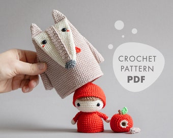 Patrón de ganchillo lalylala Caperucita Roja amigurumi play set, juguete de apilamiento matryoshka de cuento de hadas con lobo, manzana y oruga, patrón de ganchillo DIY