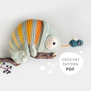 Crochet Pattern lalylala CHAMELEON Conrad amigurumi diy • musical toy, safari theme, jungle, stuffed animal, plushie, cuddly toy, download