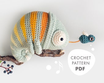 Crochet Pattern lalylala CHAMELEON Conrad amigurumi diy • musical toy, safari theme, jungle, stuffed animal, plushie, cuddly toy, download