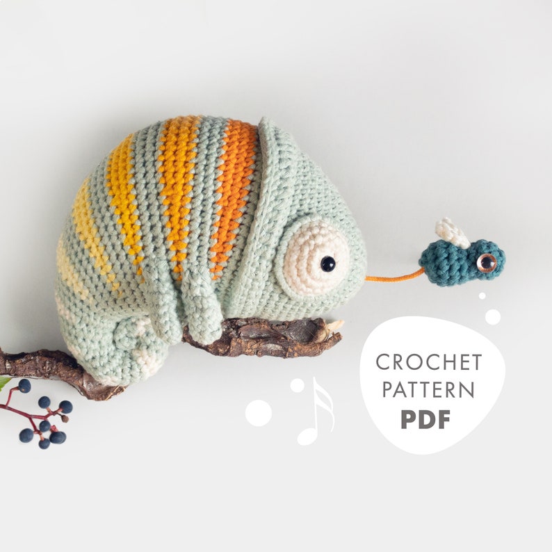 Crochet Pattern lalylala CHAMELEON Conrad amigurumi diy • musical toy, safari theme, jungle, stuffed animal, plushie, cuddly toy, download 