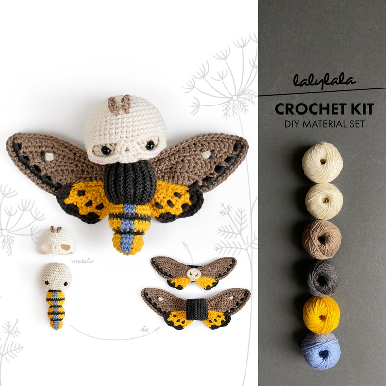 crochet kit lalylala DEATH'S HEAD HAWKMOTH amigurumi diy • butterfly, animal, skull, Acherontia, decoration for Halloween costumes 