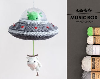 Crochet kit lalylala UFO amigurumi diy • music box, flying saucer, alien & cow, SciFi, mystery, space oddity, universe, extraterrestrial