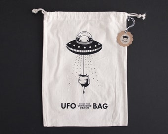 Cotton bag UFO (UnFinished Objects) • funny sci-fi yarn bag with flying saucer alien cow print for crochet tools, knitting, gift wrapping