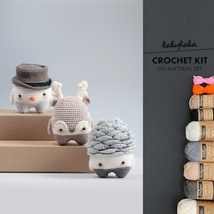 crochet kit lalylala seasons WINTER amigurumi diy • snowman, pine cone, reindeer / deer, crochet kit for beginners, seasonal decoration