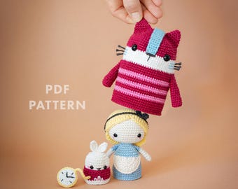 Alice in Wonderland Crochet Pattern . lalylala Amigurumi Matryoshka Set with Glow in Dark Cheshire Cat