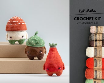 crochet kit lalylala seasons AUTUMN amigurumi diy • toadstool, rosehip, acorn, craft kit for beginners, make your own autumn decorations