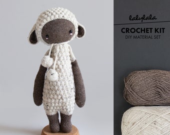 Crochet kit lalylala LAMB Lupo, amigurumi doll in cute little sheep costume, crafty birthday gift for DIY lovers and yarn fans
