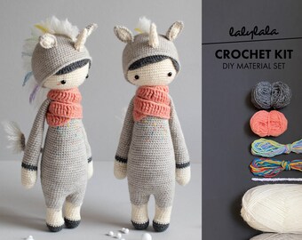 crochet kit lalylala UNICORN Yumi amigurumi diy • girl in cute animal costume, pastel rainbow details, doll, plushie, toy, birthday gift