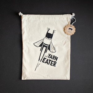 Cotton bag lalylala SUPERHERUMI MEGAMOTH • Evil Yarn Eater, villain moth print on organic cotton, storage for crocheting & knitting projects