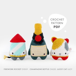 lalylala CROCHET PATTERN New Year's Eve Amigurumi Rocket, Lucky Cat, Champagne Bottle, DIY project for 3 party characters, beginner friendly