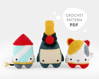 lalylala CROCHET PATTERN New Year's Eve Amigurumi Rocket, Lucky Cat, Champagne Bottle, DIY project for 3 party characters, beginner friendly