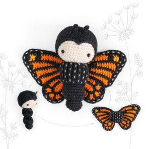 Crochet pattern MONARCH BUTTERFLY amigurumi diy •  caterpillar toy interchangeable wings, nature, summers, spring, baby rattle, download