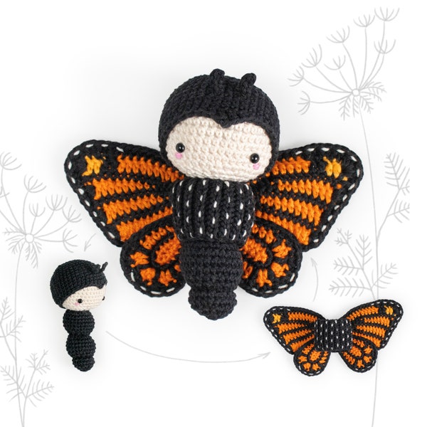 Crochet pattern MONARCH BUTTERFLY amigurumi diy •  caterpillar toy interchangeable wings, nature, summers, spring, baby rattle, download