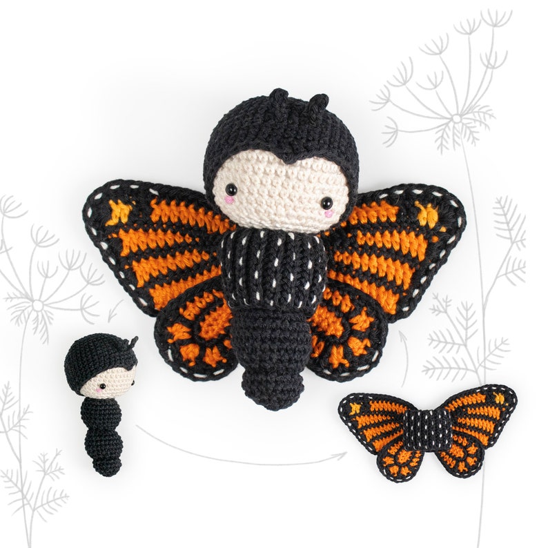 Crochet pattern MONARCH BUTTERFLY amigurumi diy caterpillar toy interchangeable wings, nature, summers, spring, baby rattle, download image 1