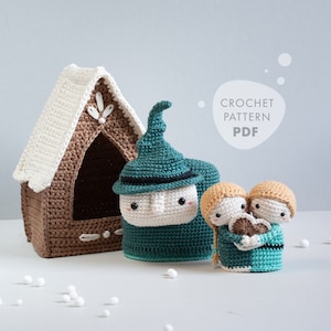 Crochet pattern lalylala HANSEL & GRETEL amigurumi nesting toy, fairytale matryoshka playset, candy cottage, witch, kids, gingerbread heart
