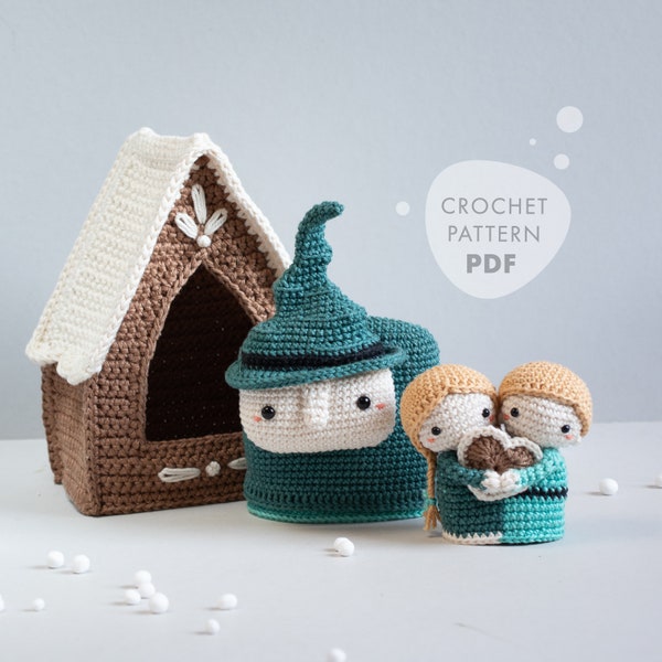 Häkelanleitung lalylala Hänsel & Gretel Amigurumi, Märchen-Matroschka Häkelmuster mit Lebkuchenhaus, Hexe für Halloween und Weihnachten