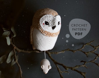 Crochet pattern Barn Owl Olivia music box toy, lalylala amigurumi, digital tutorial for minimalist woodland animal and crocheted mouse