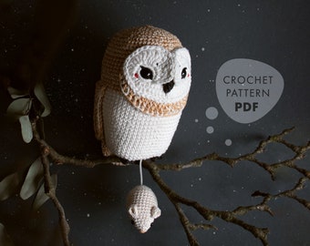 Patron au crochet OWL Olivia lalylala Amigurumi boîte à musique, patron au crochet pour chouette effraie avec souris, animal au crochet minimaliste