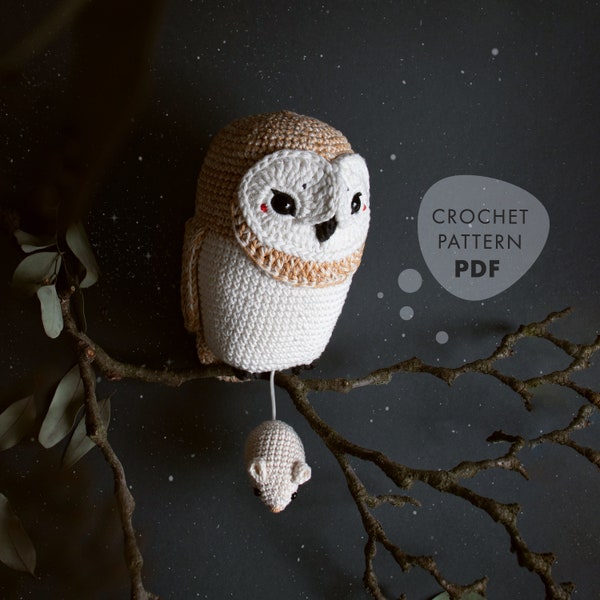 Patron au crochet OWL Olivia lalylala Amigurumi boîte à musique, patron au crochet pour chouette effraie avec souris, animal au crochet minimaliste