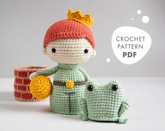 Häkelanleitung lalylala Froschkönig Amigurumi Spielset, Märchen-Matroschka Stapelspielzeug mit Prinz, Frosch, Brunnen, Ball, DIY Häkelmuster