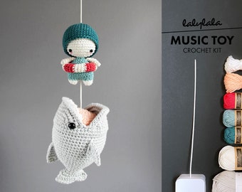 crochet kit lalylala SHARK amigurumi diy • music box tune Beyond the Sea / La Mer, big fish, swimmer, baby shark, ocean, summer, beach