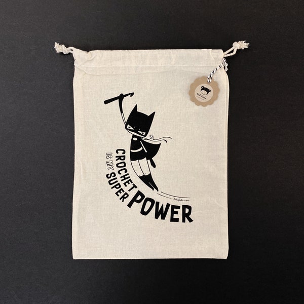 Cotton bag lalylala CROCHET is my SUPERPOWER • BatCat, superhero print, superheroine, sustainable giftwrapping, project bag crochet, knit