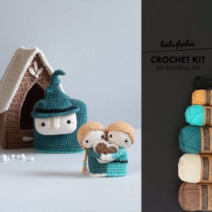 crochet kit lalylala HANSEL + GRETEL Matryoshka, fairy tale amigurumi play set: candy cottage, witch, kids & gingerbread heart, nesting doll