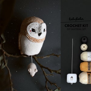 crochet kit Barn Owl Olivia lalylala musical toy, amigurumi toy Owl with mouse, music box tune: Hedwig Theme, DIY set for stuffed baby toy