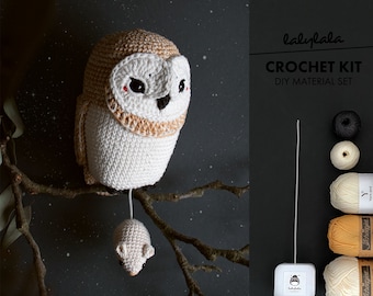 crochet kit Barn Owl Olivia lalylala musical toy, amigurumi toy Owl with mouse, music box tune: Hedwig Theme, DIY set for stuffed baby toy