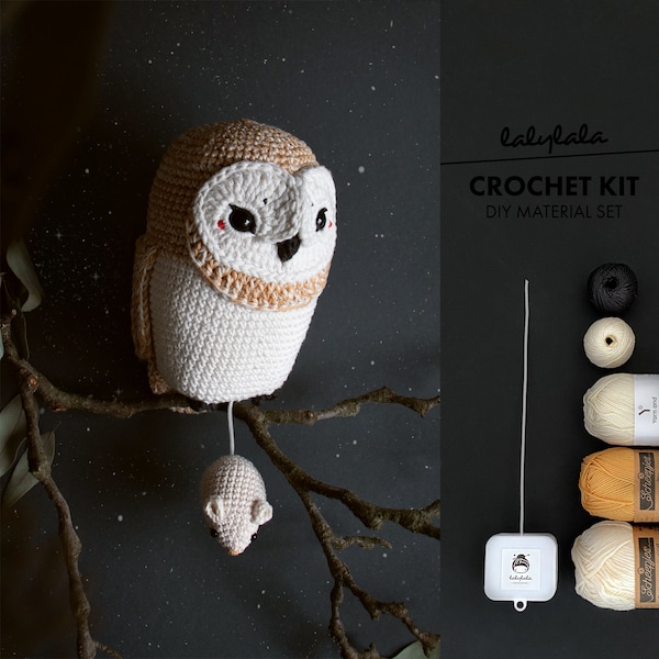 Ensemble au crochet hibou Olivia, lalylala Amigurumi boîte à musique chouette effraie avec souris, thème mélodie Hedwige, ensemble fait main au crochet animal, bébé, thème forêt