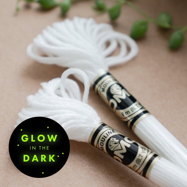 Glow in the Dark Yarn DMC E940 Mouliné Light Effects • white, fluorescent, neon green, embroidery floss, thread, crochet, sewing, halloween