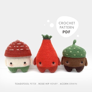 lalylala CROCHET PATTERN Autumn Amigurumi Toadstool, Rose Hip, Acorn, DIY project for 3 characters to play & decorate, beginner friendly