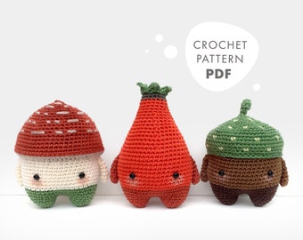 lalylala CROCHET PATTERN Autumn Amigurumi Toadstool, Rose Hip, Acorn, DIY project for 3 characters to play & decorate, beginner friendly