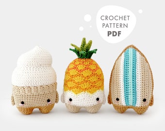 lalylala CROCHET PATTERN Summer Amigurumi Ananas, Surfboard, Ice Cream, DIY project for 3 characters to play & decorate, beginner friendly