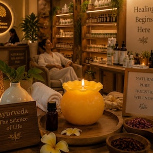 May include: A yellow, scalloped-edge candle in a round bowl sits on a wooden tray alongside a small dark glass bottle, white flowers, and a wooden sign reading Ayurveda The Science of Life, with a sign nearby stating Natural Pure Holistic Wellness.