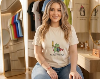 Teacher Frog We Test At Dawn Graphic Tee, Funny Exam Day Shirt