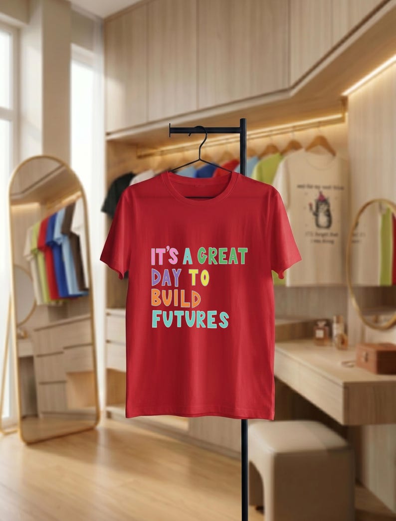 May include: A red t-shirt displaying the text "IT'S A GREAT DAY TO BUILD FUTURES" in multi-coloured block letters. The t-shirt hangs on a black rail. Other garments are visible in the background, in a well-lit room.