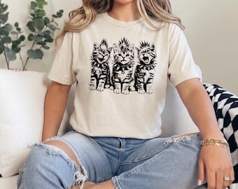 Chemise col en V chatons punk rock, t-shirt graphique chat mohawk, haut alternatif pour amoureux des animaux