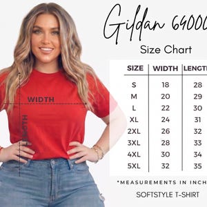 May include: A red Gildan 64000 Softstyle t-shirt with a size chart. The chart shows measurements in inches for sizes S to 5XL, with widths ranging from 45.7 to 81.3 cm and lengths from 71.1 to 88.9 cm.