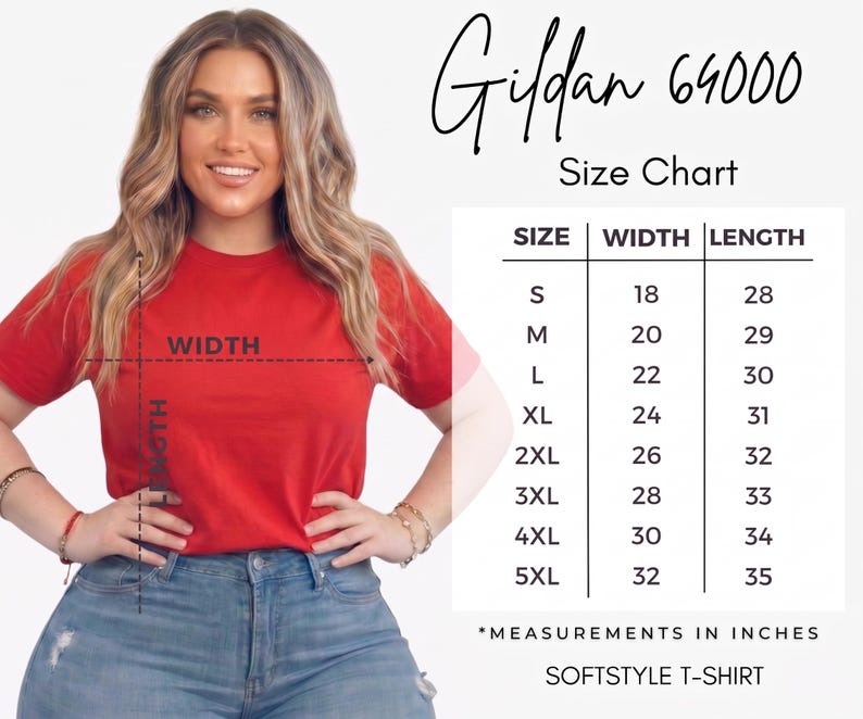May include: A red Gildan 64000 Softstyle t-shirt with a size chart. The chart shows measurements in inches for sizes S to 5XL, with widths ranging from 45.7 to 81.3 cm and lengths from 71.1 to 88.9 cm.