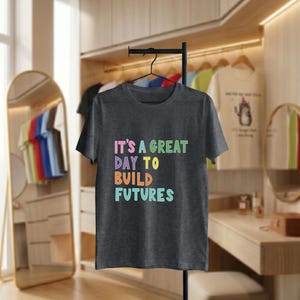 May include: Dark grey t-shirt with the text "IT'S A GREAT DAY TO BUILD FUTURES" in colourful, block letters. The shirt is hanging on a black metal stand in a room with a mirror and wooden cabinets.