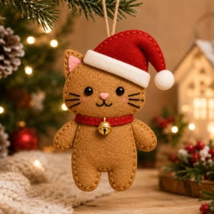 May include: A brown felt cat ornament featuring a red Santa hat with a white pom-pom and trim. The cat has black embroidered eyes and whiskers, a pink nose, and a red collar with a small gold bell. It hangs from a thin string for display.